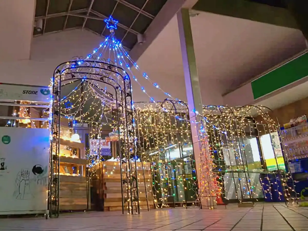 空き店舗の出入口前に設けられたイルミネーション = 2021年撮影