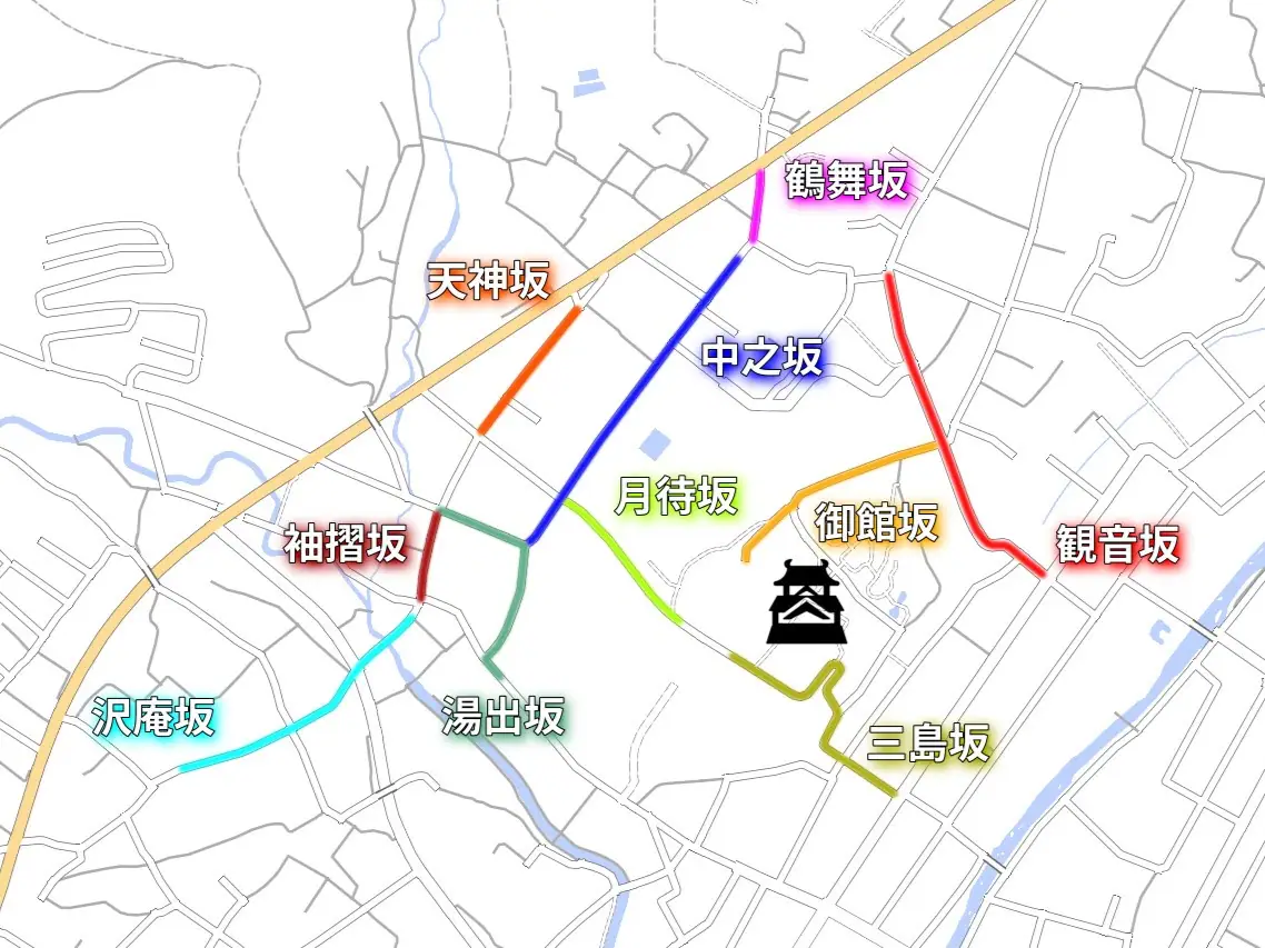 上山城周辺の坂の位置図 = かみのやまさいぐべ作成